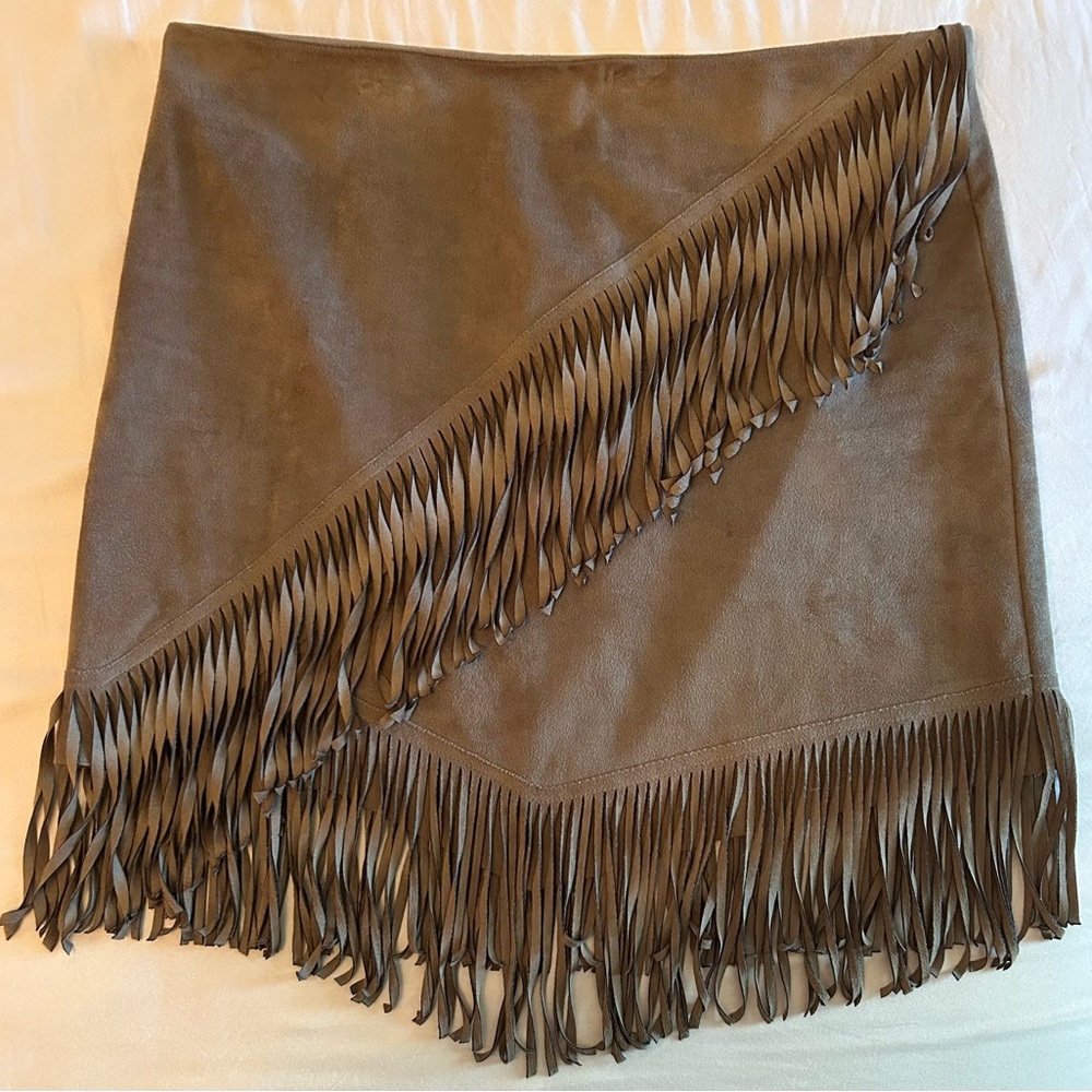 1. State Asymmetrical Fringe Skirt in Brown